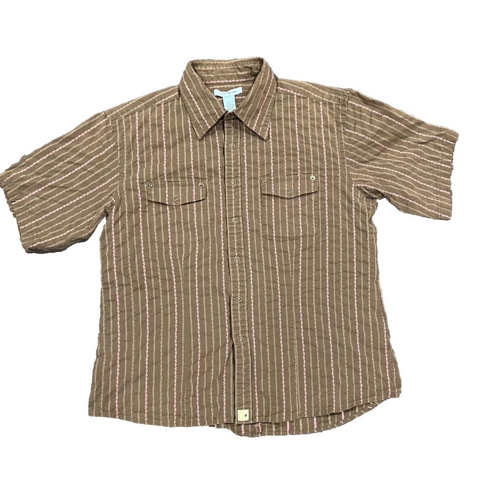 Gene Meyer Button Up Shirt Mens Large‎ Brown Stripe Cowboy Western Rodeo
